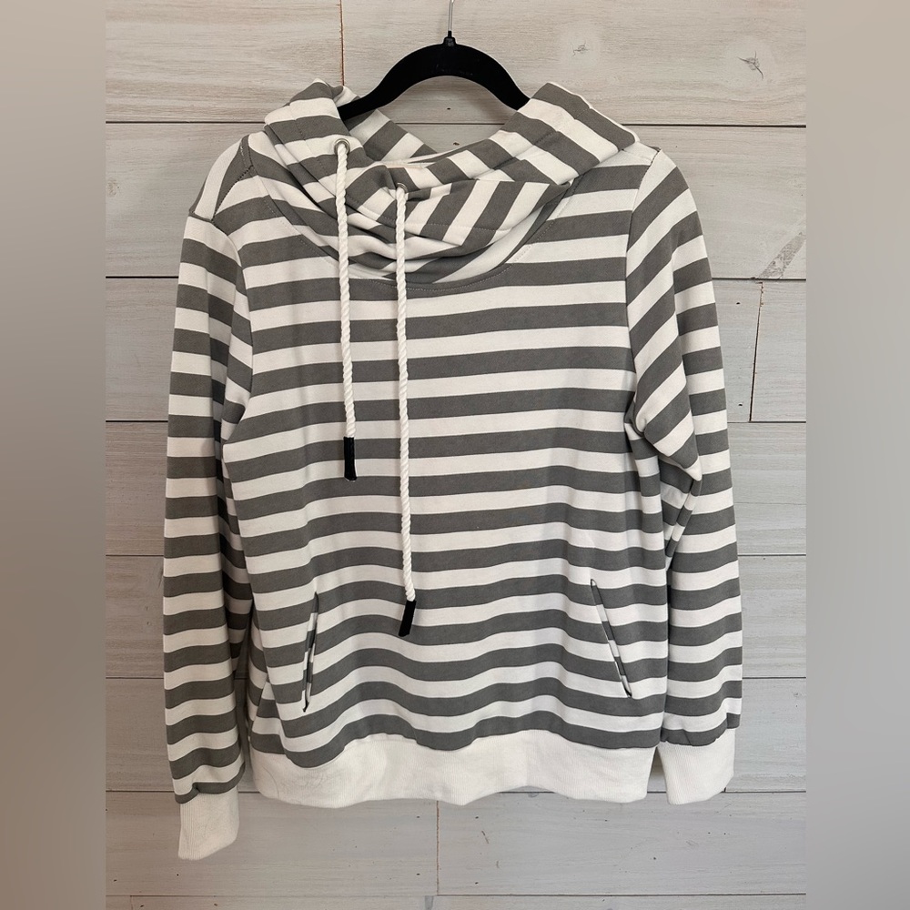 Grey and White Stripped Bibi Hoodie. Size small brand new with tags